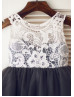 Ivory Lace Dark Gray Tulle Knee Length Flower Girl Dress